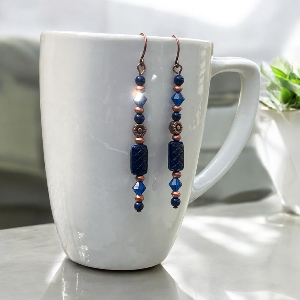 Handcrafted Blue and Copper Beaded Earrings - Picture 9 of 11